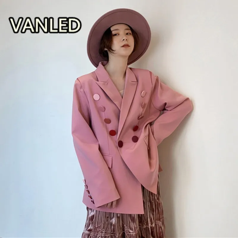 

New Design Korean Long Sleeve Gradual Change Button Pink Loose Women Thin Blazer 2019 Spring Coat