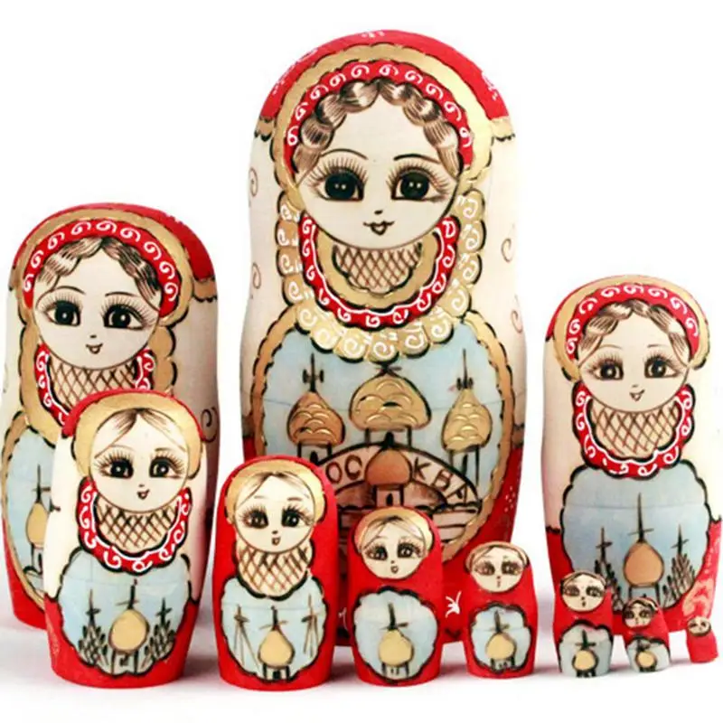 

New 10 pcs/set Creative Castle Wishing Nesting Dolls Russian Dolls Handmade Painted Beech Matryoshka Doll Set Toy