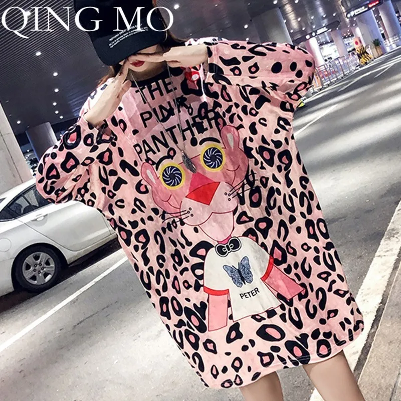 

QING MO Cartoon Print Long Sleeve Dress Women Yellow Red Striped Sweatshirt Dress Knee Length Pullover Dress Dot Pattern ZLDM005