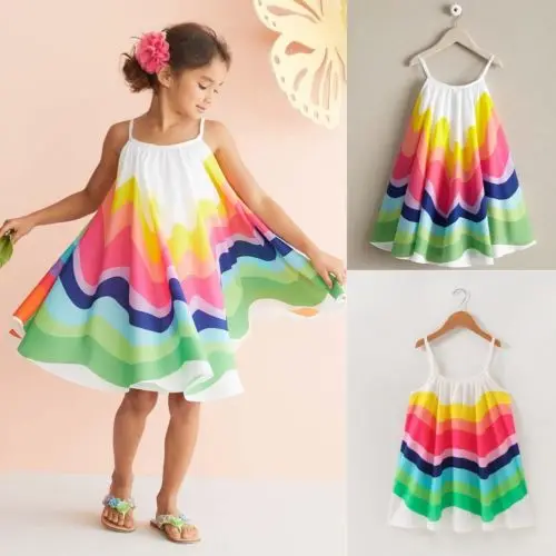 

2019 Toddler Colorful Dress Kid Baby Girl Summer Clothes Sleeveless Dress Rainbow Party Children Holdiay Beach Sunress