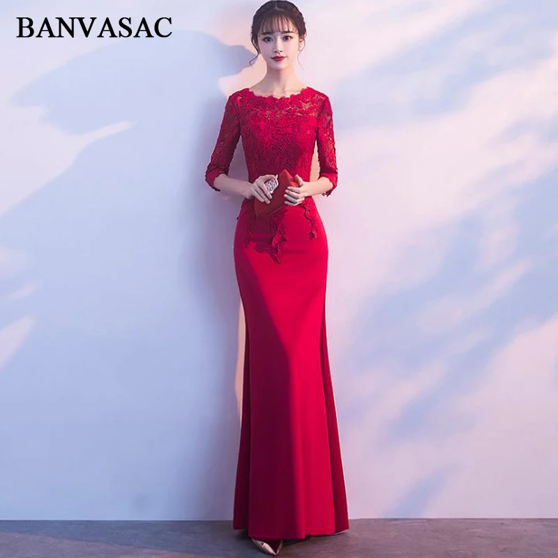 

BANVASAC Lace Appliques O Neck Mermaid Long Evening Dresses Party Three Quarter Sleeve Hollow Out Backless Prom Gowns