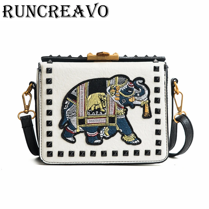 

new Personality Embroidery elephant Women Handbag Female Leather Shoulder Bag Vintage Rivets Ladys Messenger Bags bolsa feminina
