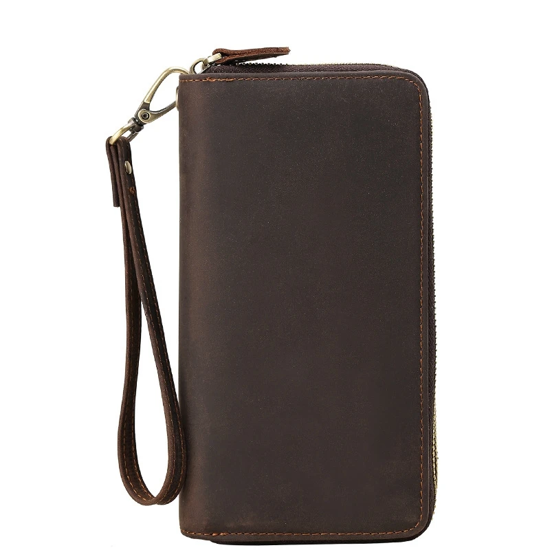 

First Layer Leather Double Zipper Men's Leather Long Wallet Clutch Bag Top Layer Leather Retro Crazy Horse Leather Wallet