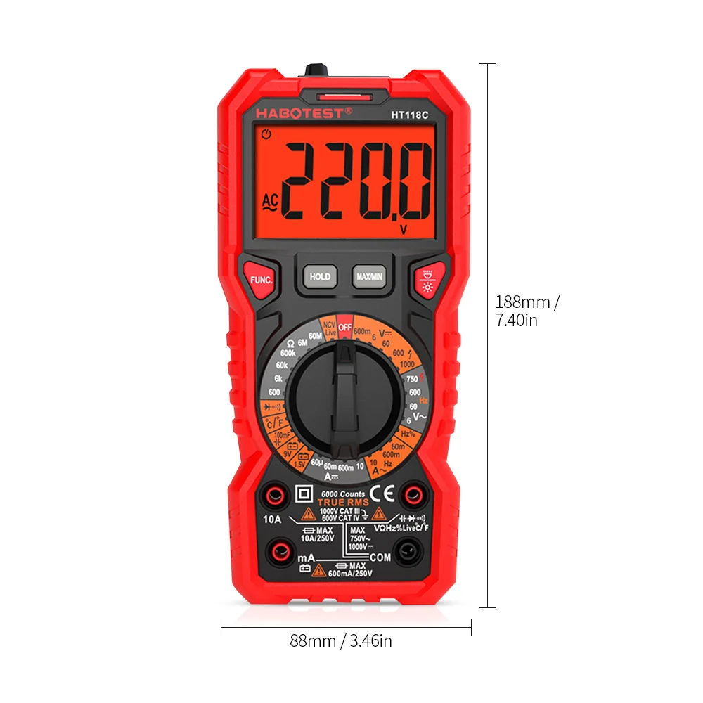 HABOTEST HT118C Цифровой мультиметр Авто Диапазон мульти метр 6000 отсчетов истинное RMS