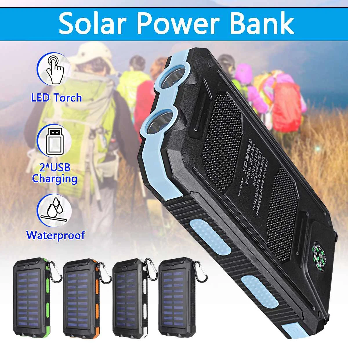 

20000mAh Solar Charging Power Bank Portable Cell Phone Solar Charger with Dual USB Charging Ports LED Light Carabiner Compasses