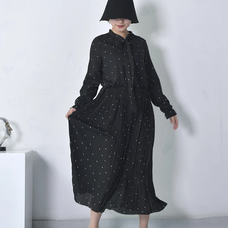 

[EWQ] 2019 New Fashion Spring O Neck Long Sleeve Black Chiffon Dot Loose Big Size Sweet Pleated Dress Women JA23601