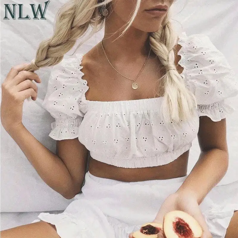 

NLW Sexy Off Shoulder Vintage Women Crop Top Embroidery White Female Blusa Square Collar Ruffle Top