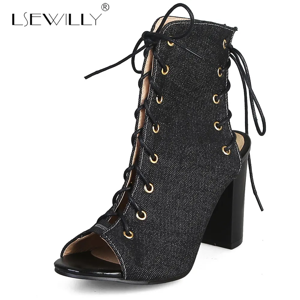 

Lsewilly peep toe blue denim boots lace up summer boots women cross-tied open heel super high heels woman shoes size 33-48 E781