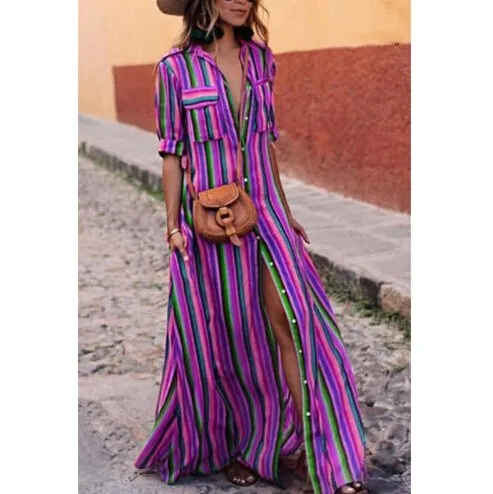 1PC Women Lady Party Stripe Long Dress Split Front Maxi Beach Dress Plus Size Loose Casual Summer Clothing