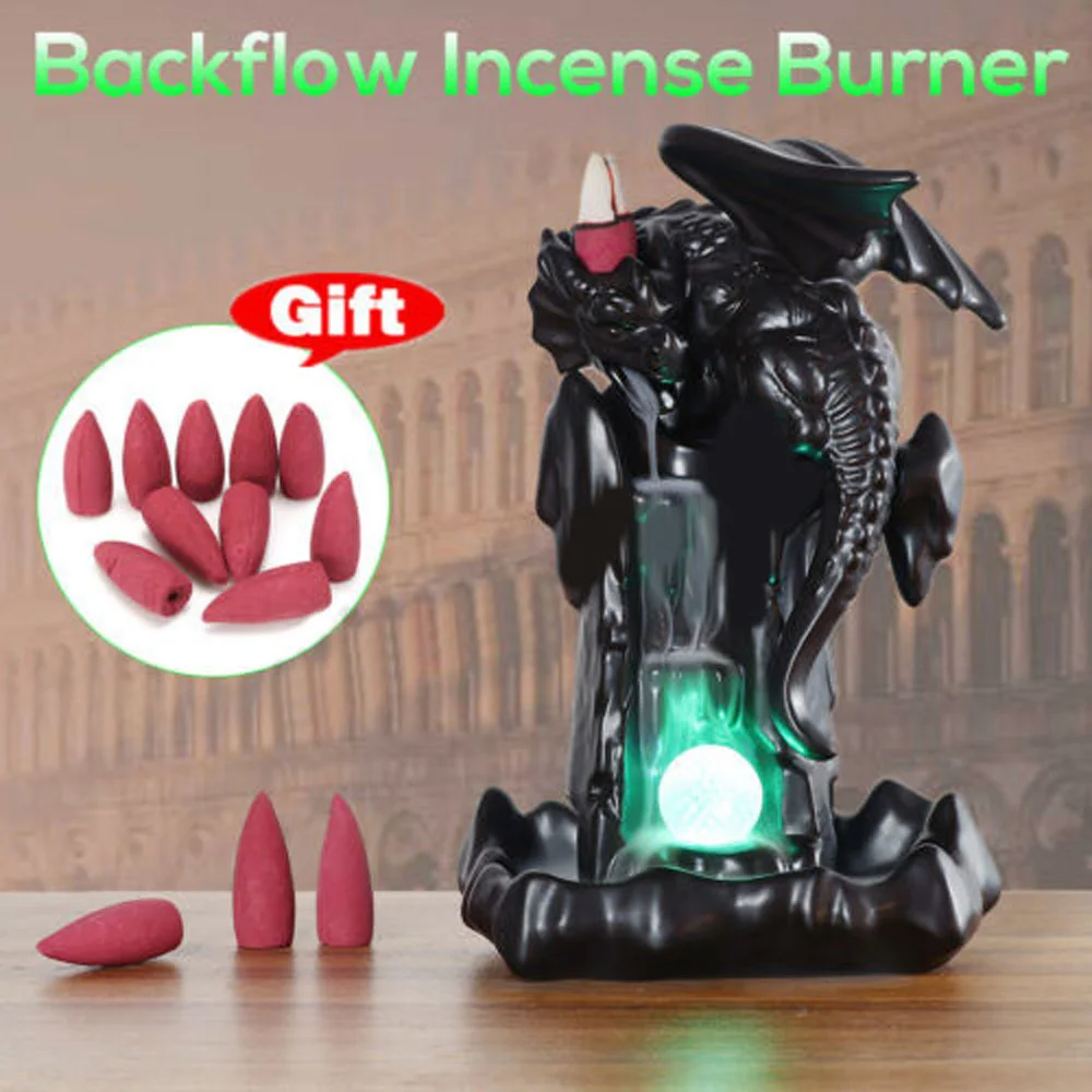 

1*Backflow Incense Burner+10*Cone Incense Multicolor LED Ceramic Waterfall Backflow Incense Burner Holder Censer Decor 13*7.5*20
