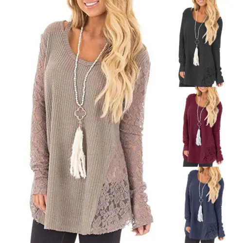 

Women Fashion Long Sleeve Blouse Round Neck Solid O-Neck Lace Patchwork Casual Loose Blouse