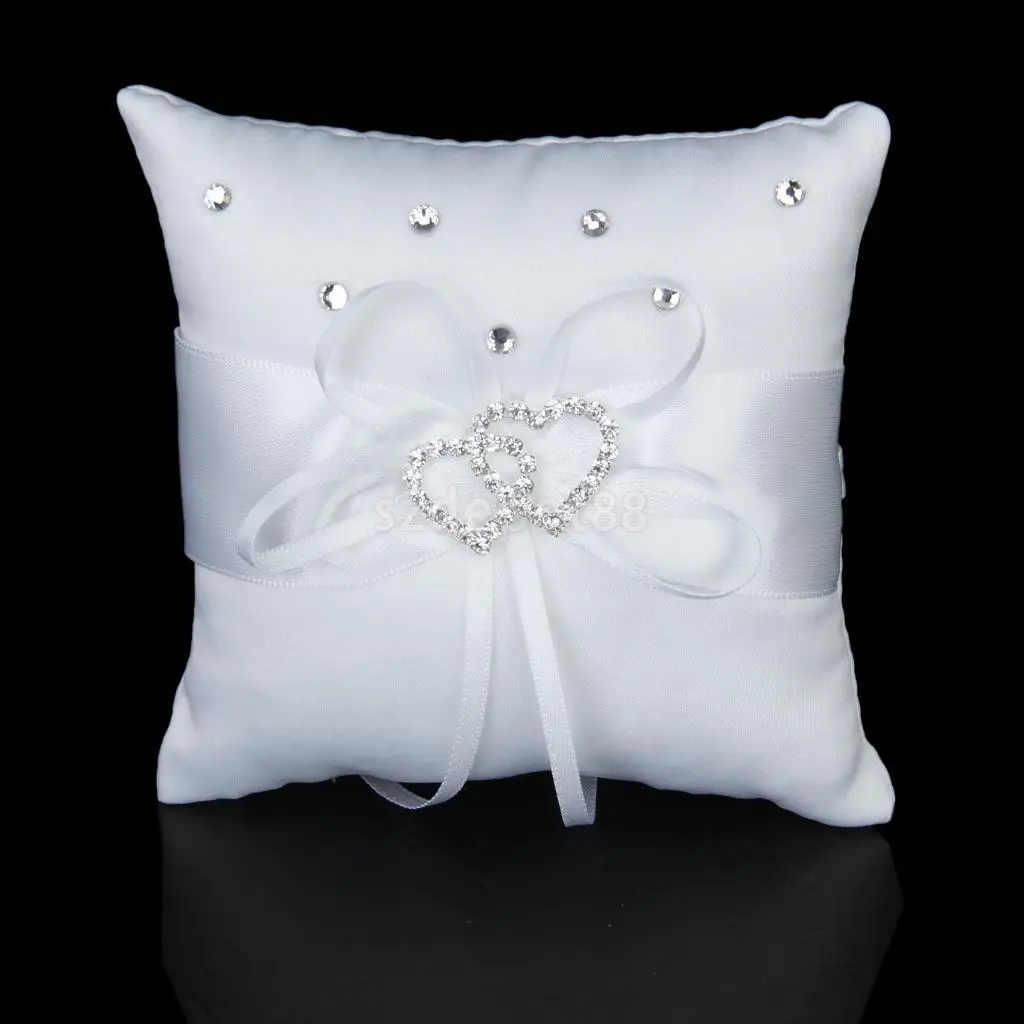 

White Double Heart Crystal Rhinestone Wedding Pocket Ring Pillow Cushion
