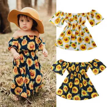 

Summer New Toddler Baby Girl Sunflower Dresses Sleeveless Backless Floral Off Shoulder Dress Cute Outfit
