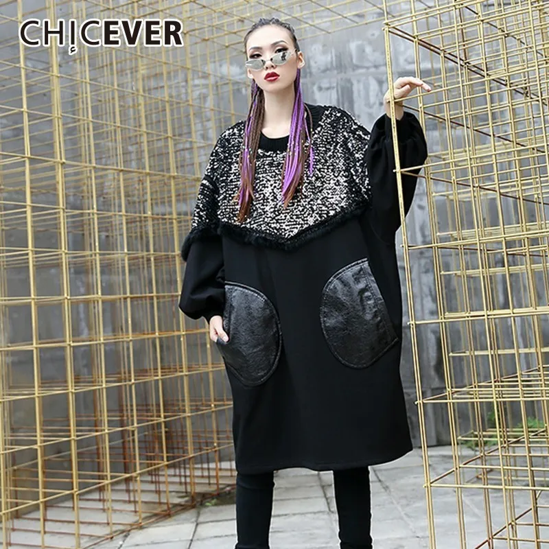

CHICEVER Patchwork PU Pullovers Tops Female Sweatshirt O Neck Batwing Sleeve Loose Oversize Sweatshirts Autumn Fashion New