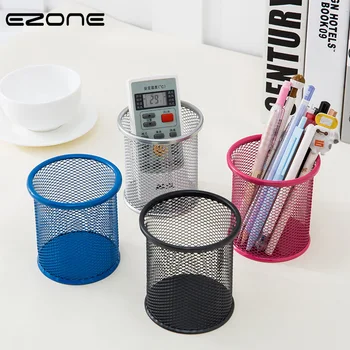 

EZONE 1pc Round/Square Shape Pen Holder Metal Desk Top Organizer Pen Pencil Holder 4 Colors Stationery Cosmetics Organizer
