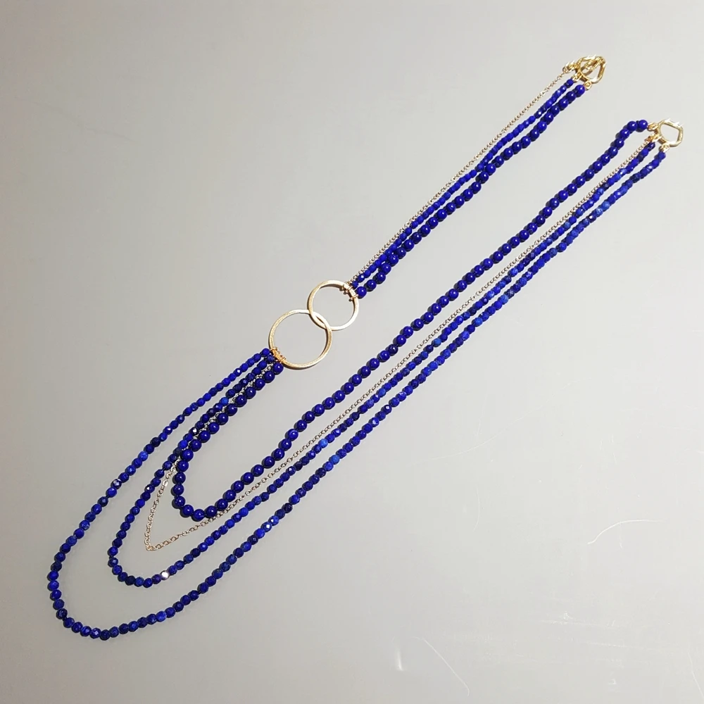 LiiJi Unique Natural Lapsi Lazuli Chain 925 Sterling Silver Gold color Double Circle 4 Rows Necklace Delicate Jewelry