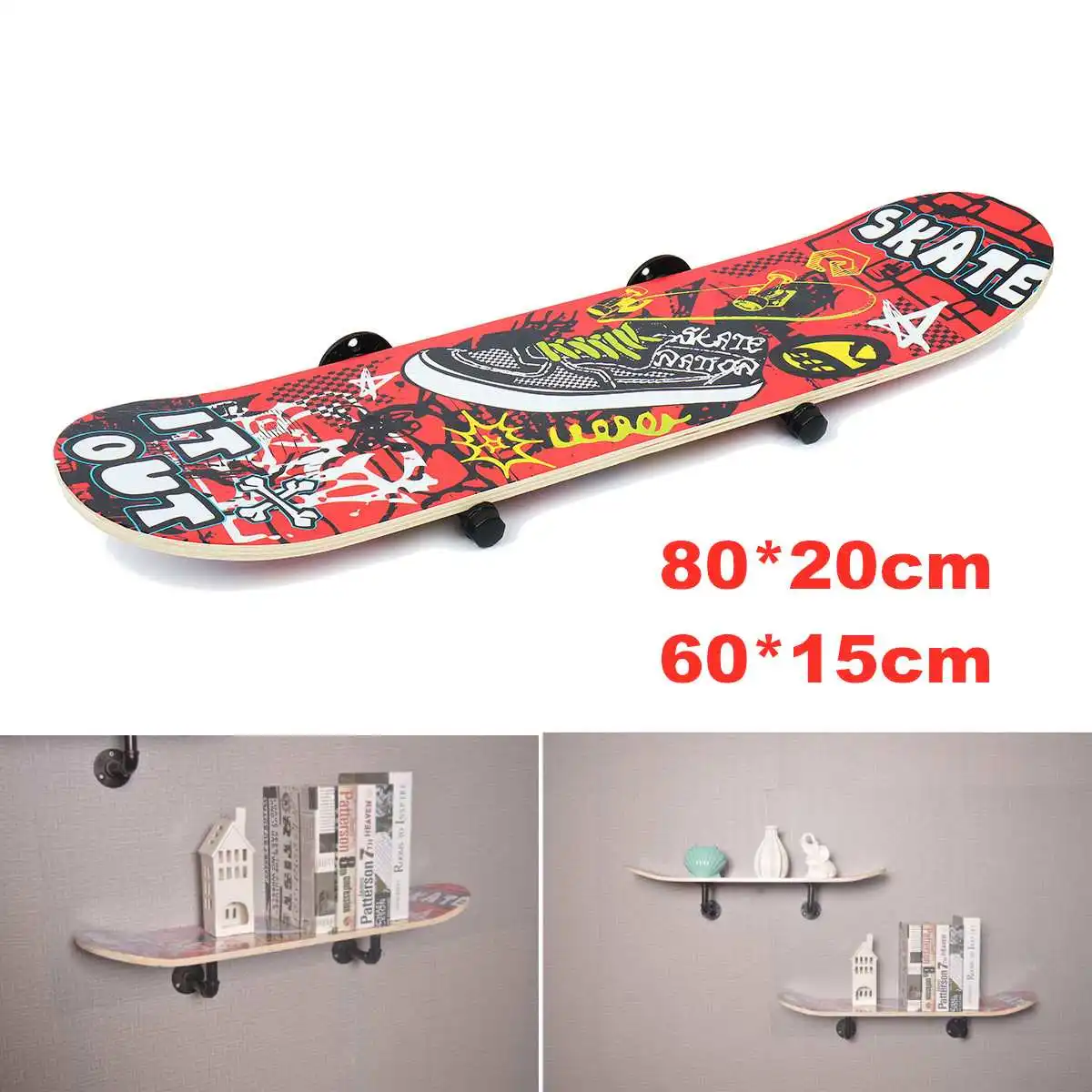 

Multifunction Skateboard Storage Rack Holder Sundries Organizer Wall Mounted Stand Pipe Shelf Home Decoration 60*15cm/80*20cm