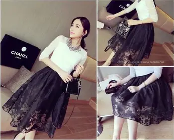 

Women Fashion High Waist Pleated Knee-Length Skirts Office Lace Black Solid