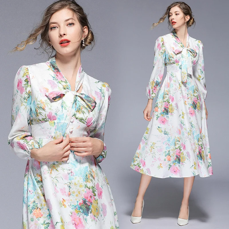Banulin NEW Vintage Woman Spring Maxi Dress Bow V-Neck Female Print Long Dress Lady Runway Dress Robe Longue Femme B5413 Banulin NEW Vintage Woman Spring Maxi Dress Bow V-Neck Female Print Long Dress Lady Runway Dress Robe Longue Femme B5413