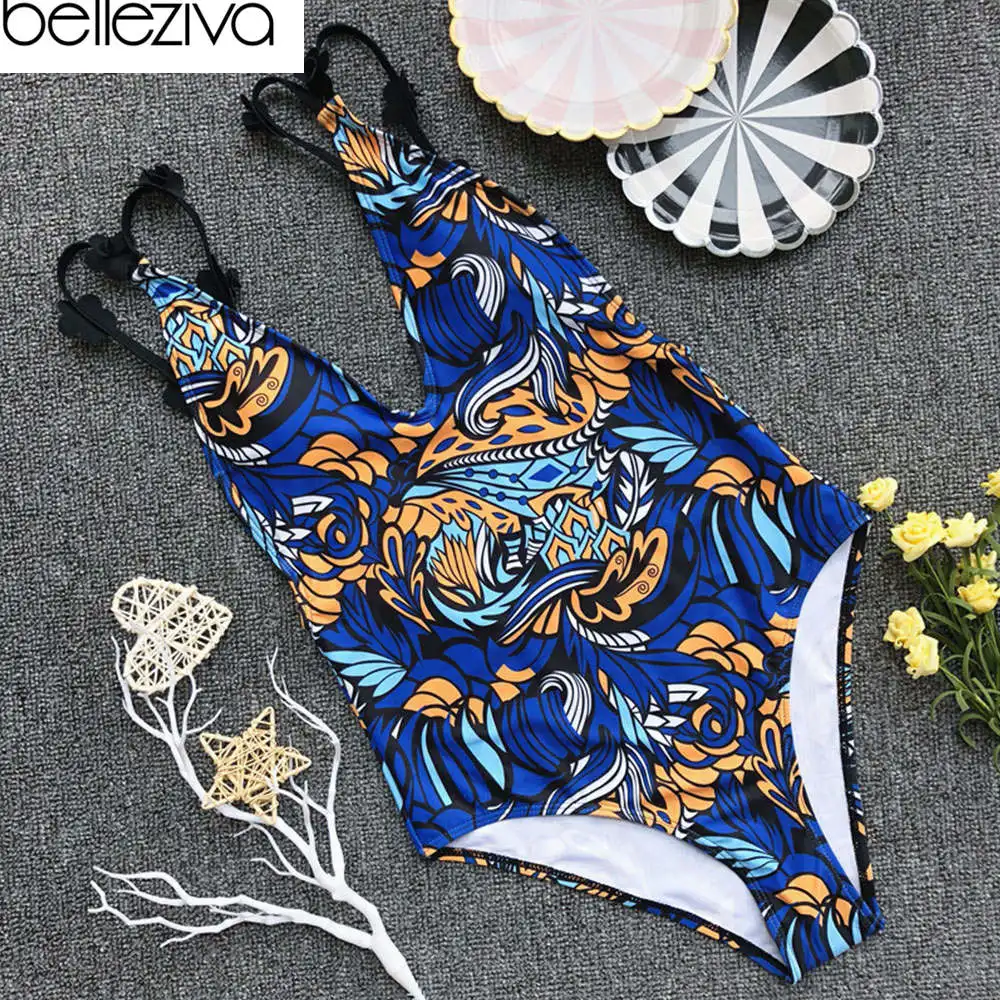 

Belleziva Sexy Print One Piece Swimsuit Women Summer Beachwear Flower Swimwear Bathing Suits Bodysuit Monokini Swimsuit 2019
