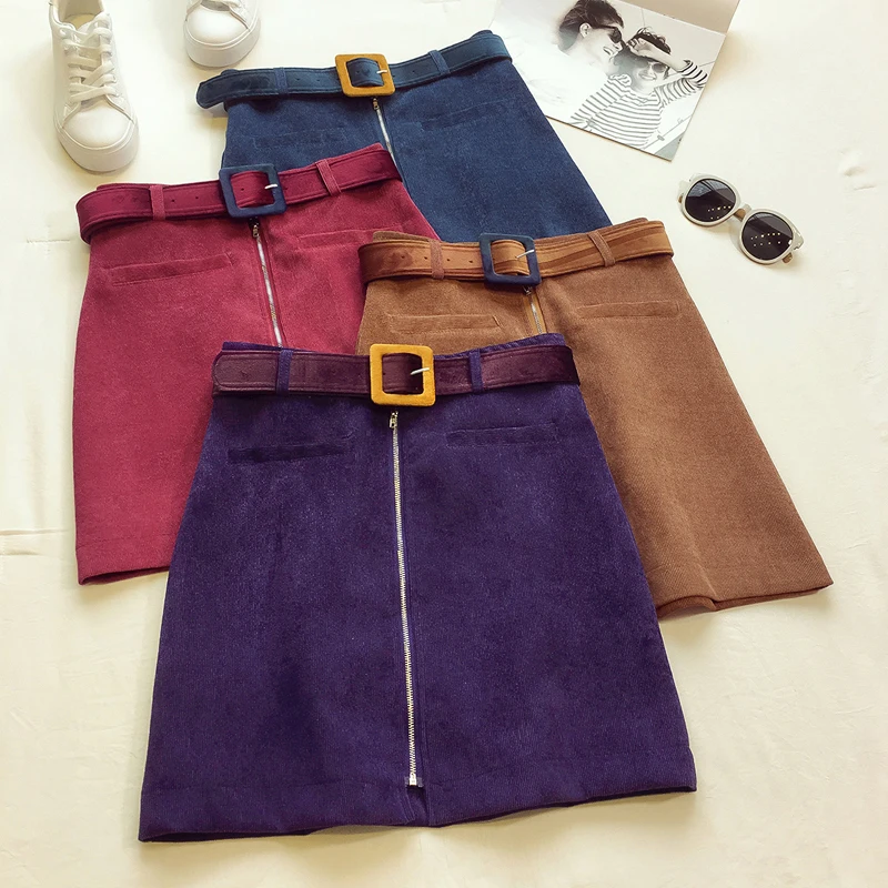 

Corduroy Skirt Belt Zipper Preppy Style Solid A-Line Button Above Knee Mini Length Empire Waist Autumn 2018