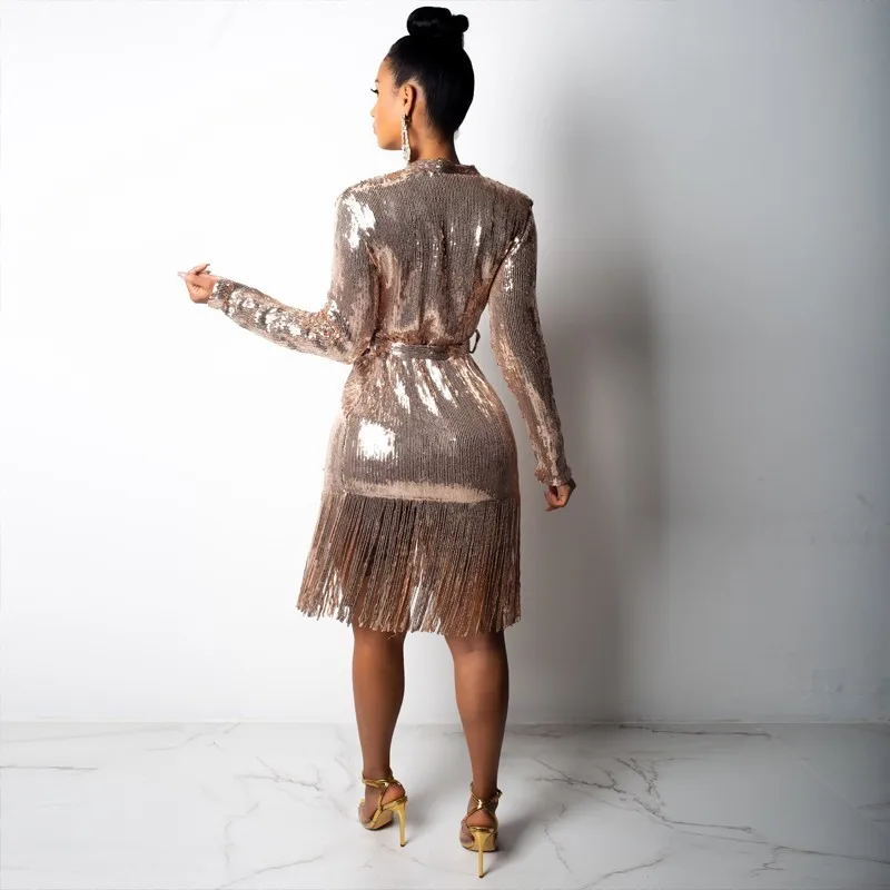 Slaygirl جذّاب مزين بالترتر فستان صيفي المرأة البسيطة Bodycon حزب فساتين القوس ضئيلة V الرقبة اللباس طويل كم Clubwear الإناث Vestidos