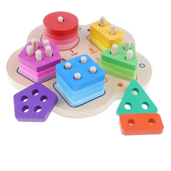 

Wooden Geometric Blocks Sorting Stacking Game Color Shape Recognition Early Learning Educational Toys for Children Kids