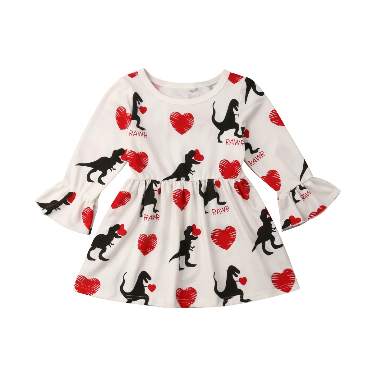 

Fashion Girls Valentine Dinosaur Toddler Kids Flare Long Sleeve Cotton Princess Dress Clothes