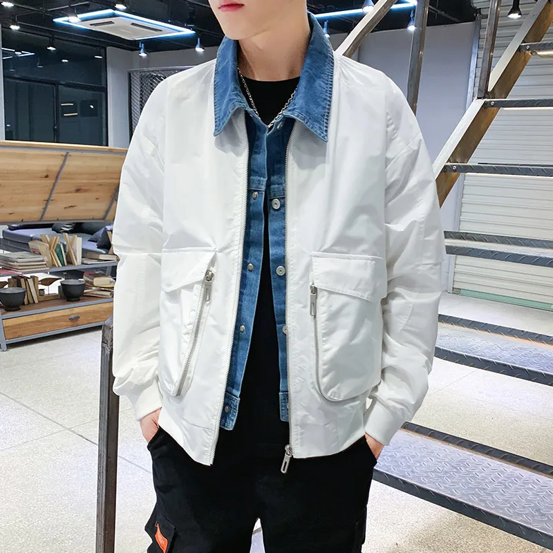 Spring New Denim Jacket Men Fashion Solid Color Casual Fake Two-piece Jacket Man Streetwear Trend Loose Hip-hop Bomber Jacket
