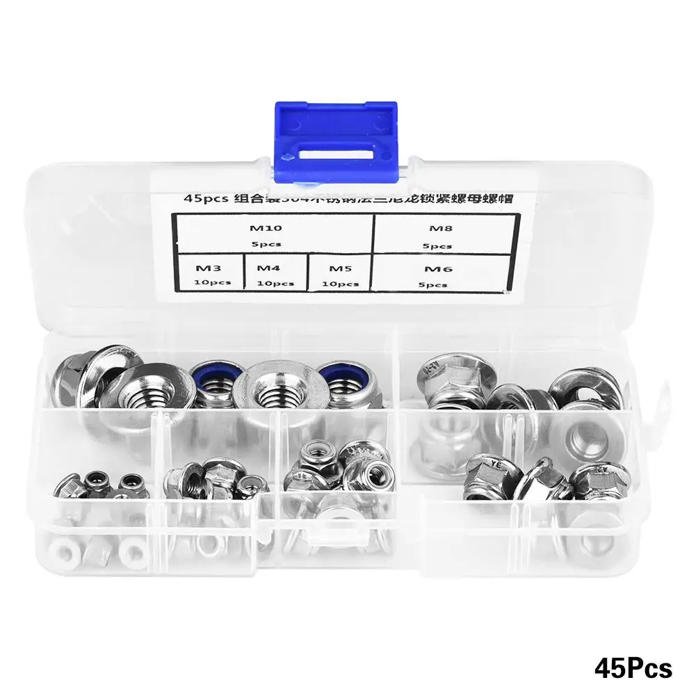 

45Pcs Nylon Lock Nut Flanged Stainless Steel Insert Locknut Assortment Kit M3 M4 M5 M6 M8 M10 Self-lock Stop nut tornillo Self-l