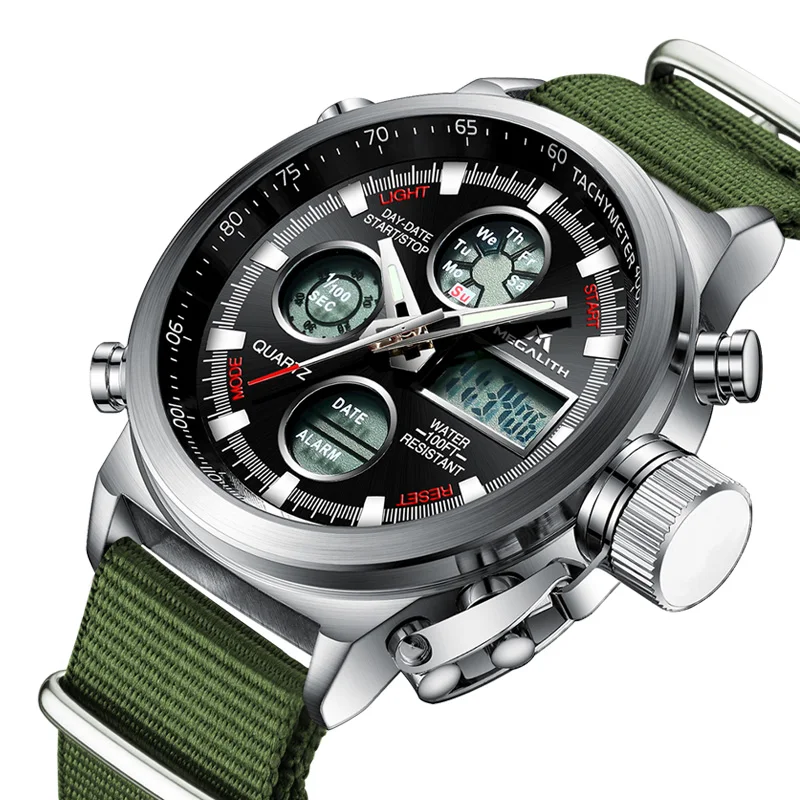 

MEGALITH Fashion Watch Men LED Digital Military Sports Watch Waterproof Green Nylon Strap Chronograph Alarm Male Reloj Hombre