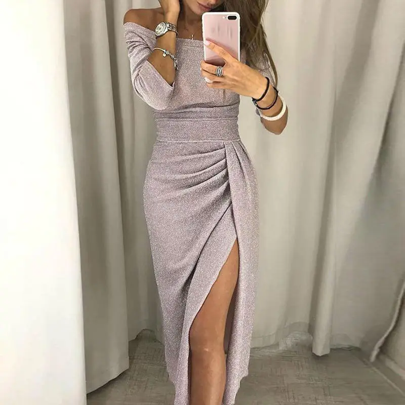 

NEW Off The Shoulder Women Half Sleeve Empire Split Bodycon Midi Dress Party Evening Formal Shinny Vestido Plus Size S-2XL