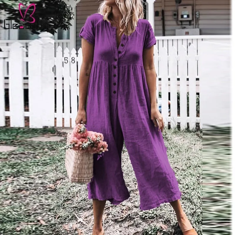 Cotton Linen Casual Wide Leg Jumpsuit Front Button