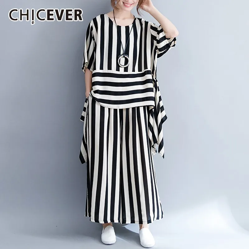 

CHICEVER Summer Casual Striped Women Two Piece Suit O Neck Irregular Hem Pullover With Elastic Waist Pocktes Flare Pants Set New