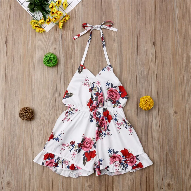 

Sexy Summer Baby girl Backless Romper Floral print Jumpsuit Sleeveless V Neck Strap Rompers Girl One Pieces Ruffles Clothes