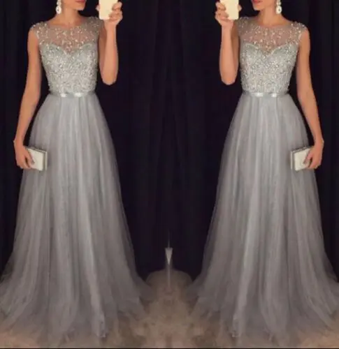 

New Women Sequin Lace Mesh Long Dress Party Evening Formal Wedding Prom Gown Elegance Dress