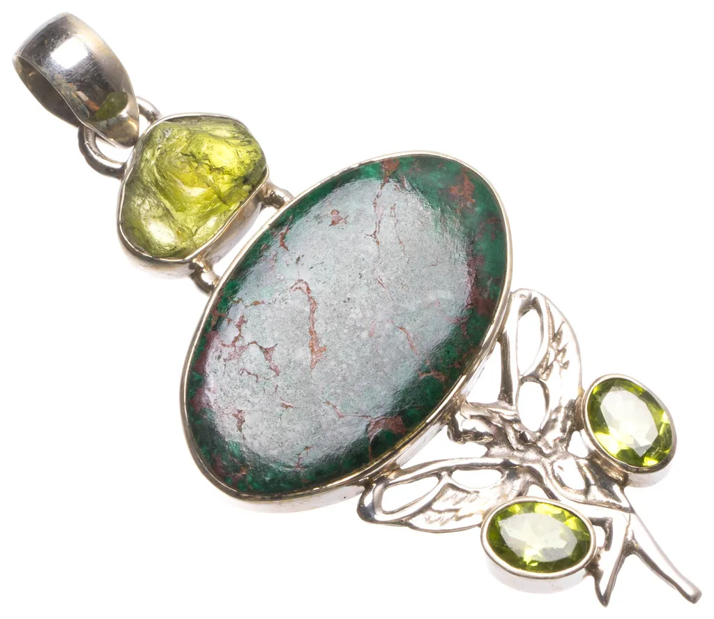 

Natural Chrysocolla and Peridot Handmade Indian 925 Sterling Silver Pendant 2 1/2" U0327
