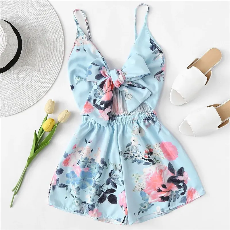 

2019 Women Tie Front Floral Print Romper Summer Sleeveless Wide Leg High Waist Playsuit Casual Jumpsuit Short