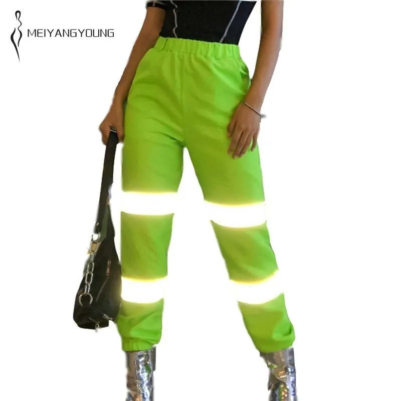

MEIYANGYOUNG Fluorescent Green Patchwork Reflective Pants 2019 New Arrival Women Pants Fashion High Waist trousers Sweatpants