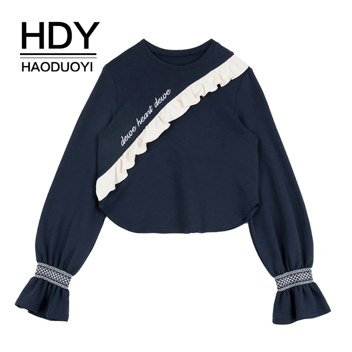 Hdy Haoduoyi Mengacak Acak Semaline Bordir Baju Kaos Ruffles O Leher Suar Lengan Panjang Musim Gugur Baru T Shirt Aliexpress
