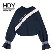 HDY Haoduoyi Ruffled Semaline Embroidered T-Shirt Ruffles O-Neck Flare Long Sleeve Autumn New Arrival flower embroidered long sleeve ruffled top