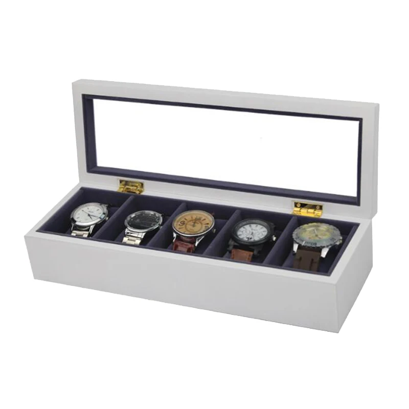 Белый деревянный 5 коробка для часов с пазами черные фланелевые маленькие Подушка Дисплей Коробка для хранения часов