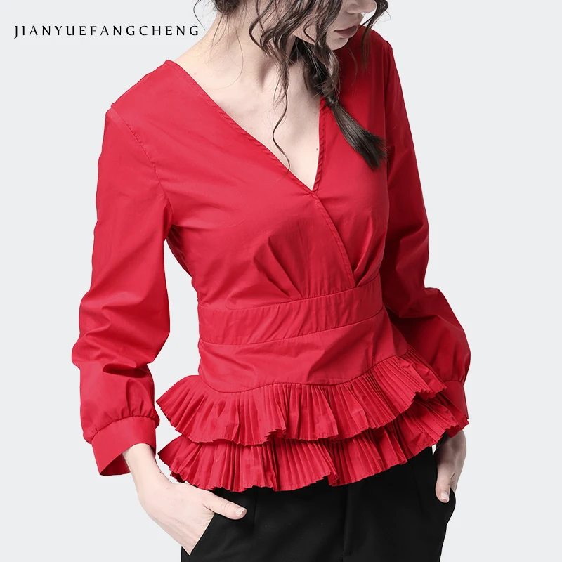 

Elegant Women' Ruffles Tops Back Buttons Cardigan Ladies' Blouse V-Neck Soft Broadcloth Nine Sleeve Temperamen Female Shirt