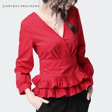 Women Red Ruffle Peplum Blouse Cotton Top Long Sleeve Deep V-Neck Back Single-breasted Elegant Sexy Spring Summer Top And Blouse Women Red Ruffle Peplum Blouse Cotton Top Long Sleeve Deep V-Neck Back Single-breasted Elegant Sexy Spring Summer Top And Blouse