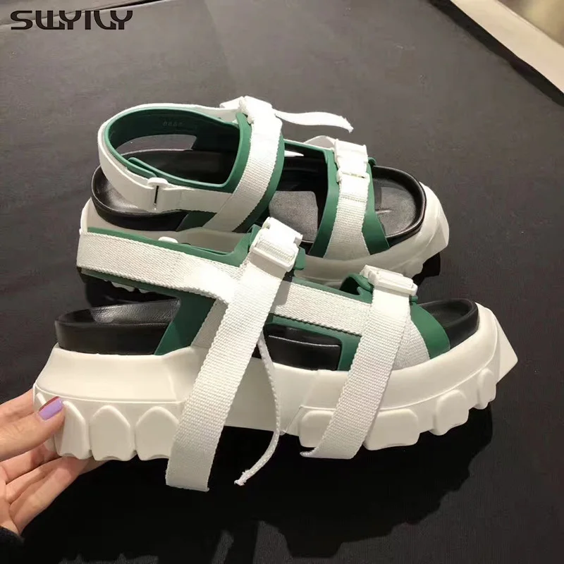 

SWYIVY Women Summer Shoes Sandals Platform Genuine Leather 2019 Belt Buckle Black Casual Shoes Female Wedge Sandals For Woman