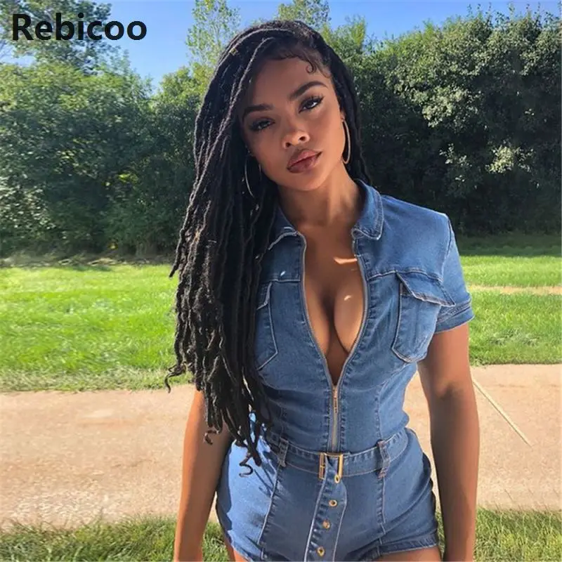 Denim Jumpsuit Women Short Sleeve Turn Down Collar Playsuits Shorts Jeans Rompers with Belt Streetwear Denim Jumpsuit Women Short Sleeve Turn Down Collar Playsuits Shorts Jeans Rompers with Belt Streetwear