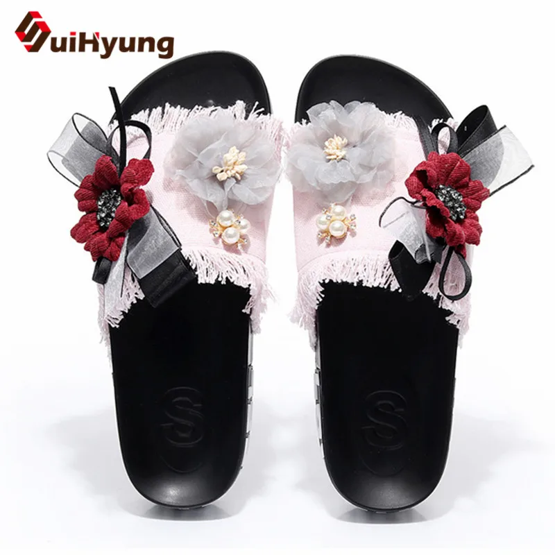 

Suihyung Women Flat Slippers Summer Beach Shoes Casual Outside Flip Flops DIY Flower Pearls Woman Platform Sandals Female Slides