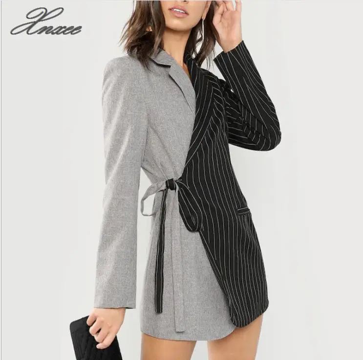 Autumn Women Blazers And Jackets Colorblock Tie Waist Surplice Wrap Womens Blazer Notched Outerwear Ladies Long Coat