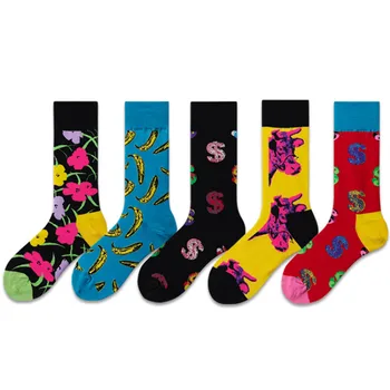 

Men Combed Cotton Socks Funny Happy Novelty Long Crew Socks Beatles Rock Crazy Fun Funky Skateboard Socks Colorful Yellow Sox