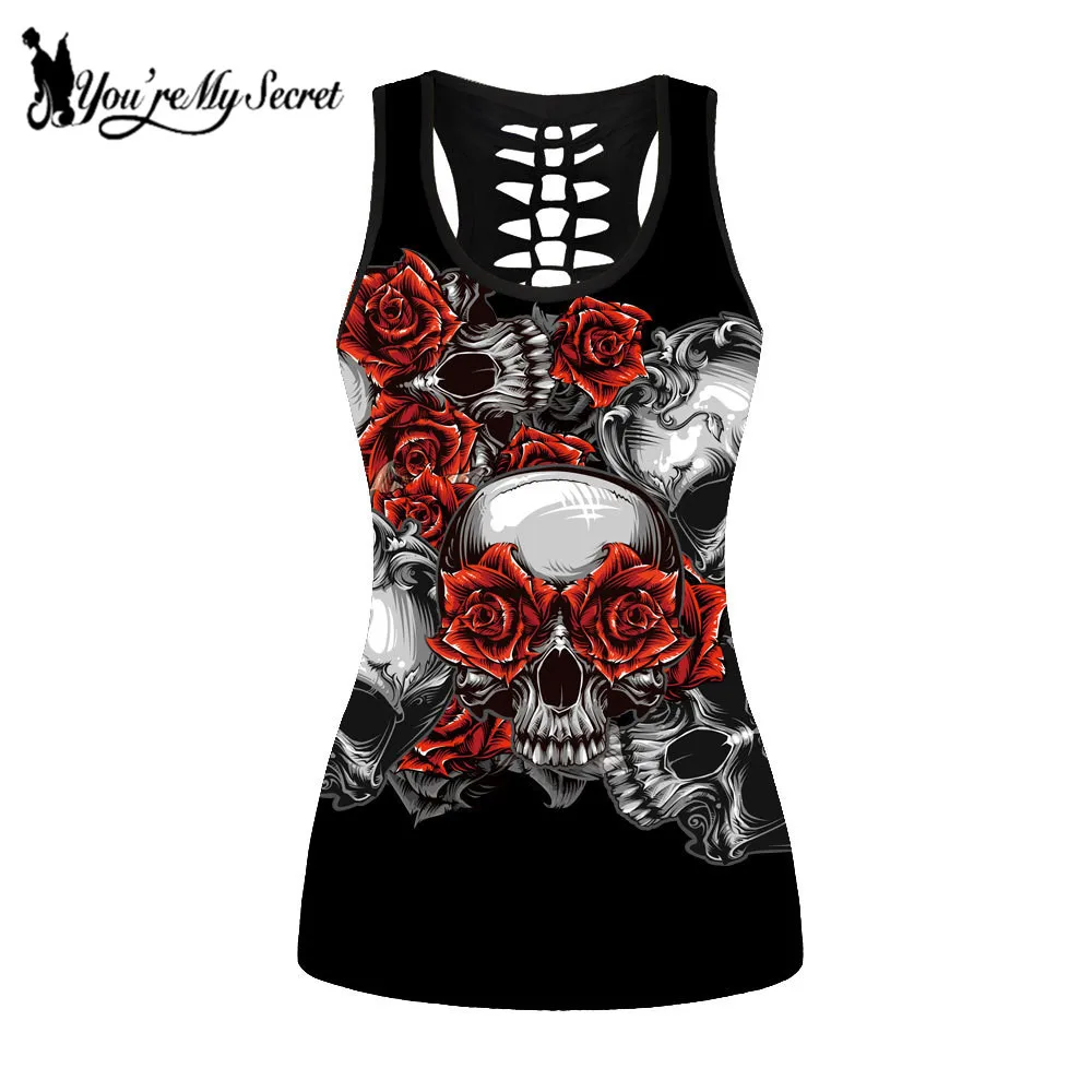 

[You're My Secret] Scary Skull Pattern Women Sleeveless Tank Tops Gothic Red Rose Hollow Streetwear Top Slim Vest 4XL Girls Top
